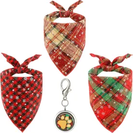 MINO Dog Bandanas with Pet ID Tag, Pack 3 PCS Plaid Dog Scarfs with 1 PC Pet Locket Name tag for S M L XL Size Pets