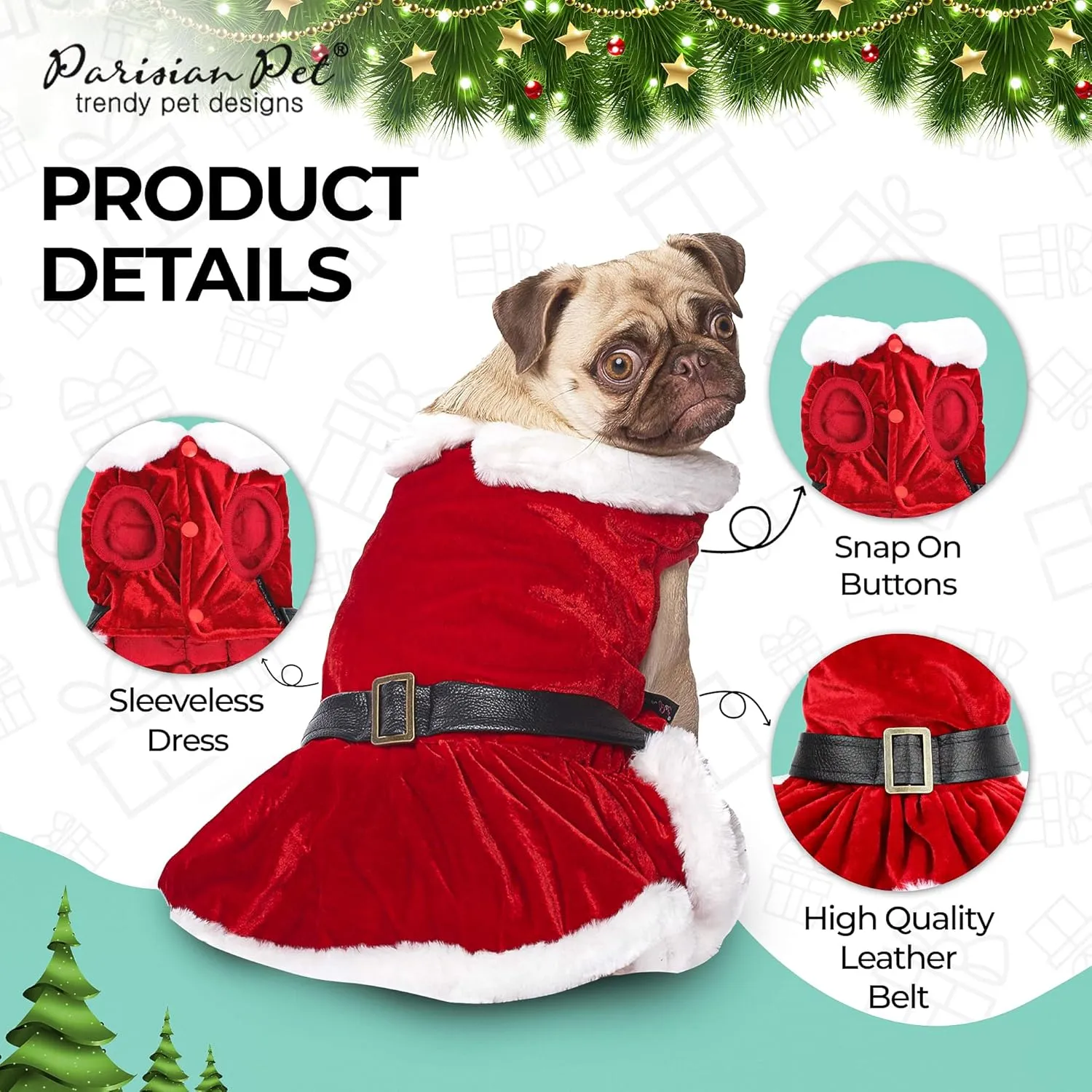 Parisian Pet Dog Christmas Dress  Pet Xmas Dog Dress  Mrs. Santa Claus Dog Costume  Red Velvet Skirt Small Dog Dress  Winter Fall Dog Clothes - Holiday Christmas Outfit for Small Dogs Girl - S