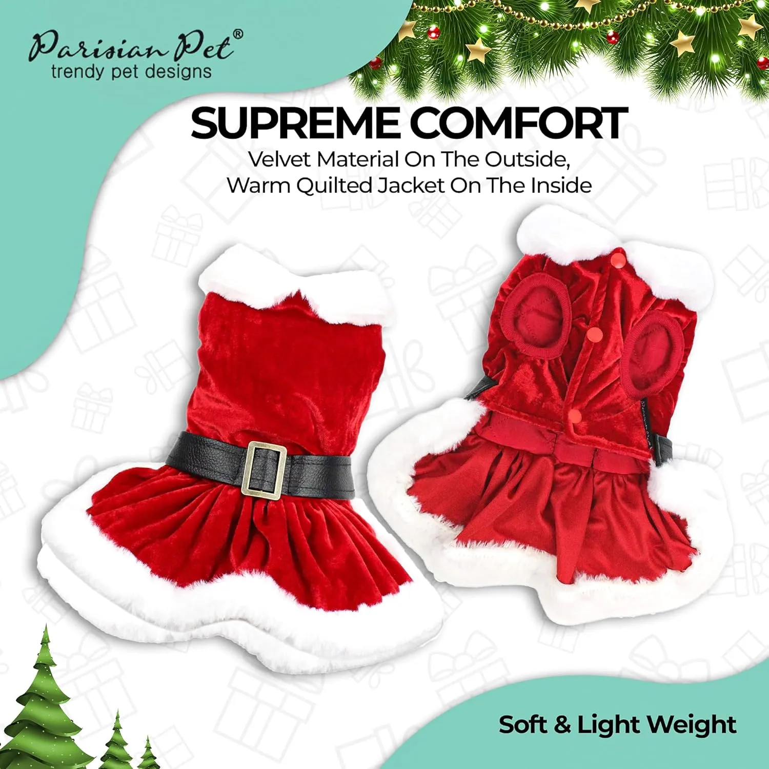 Parisian Pet Dog Christmas Dress  Pet Xmas Dog Dress  Mrs. Santa Claus Dog Costume  Red Velvet Skirt Small Dog Dress  Winter Fall Dog Clothes - Holiday Christmas Outfit for Small Dogs Girl - S