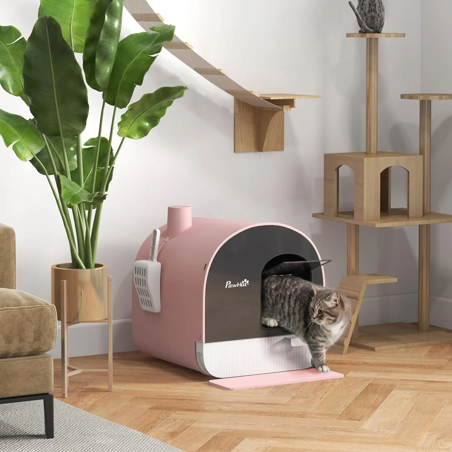 PawHut Cat Litter Box with Lid, Covered Litter Box for Indoor Cats with Tray, Scoop, Filter, 17" x 17" x 18. 5", Pink