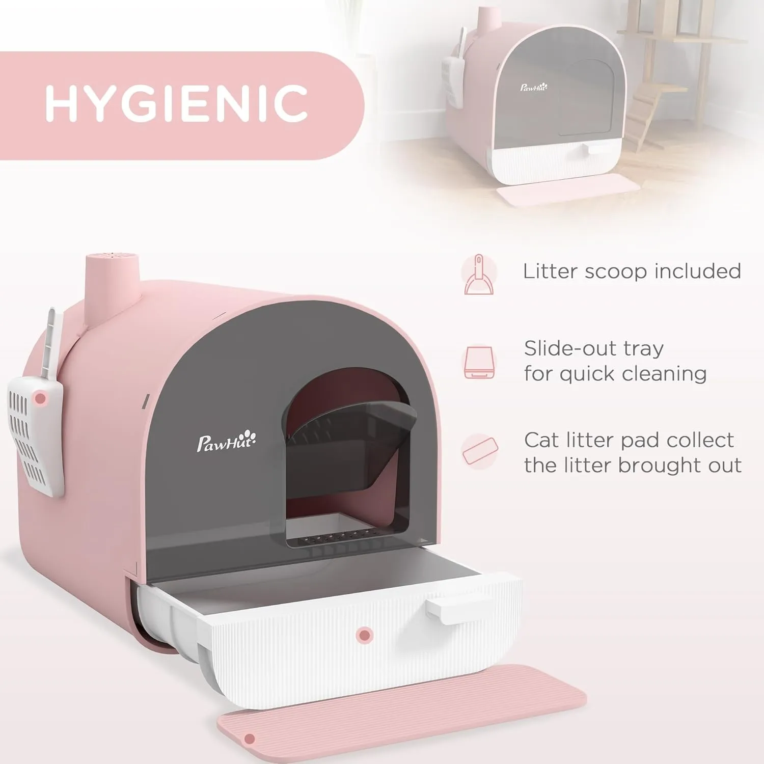 PawHut Cat Litter Box with Lid, Covered Litter Box for Indoor Cats with Tray, Scoop, Filter, 17" x 17" x 18. 5", Pink
