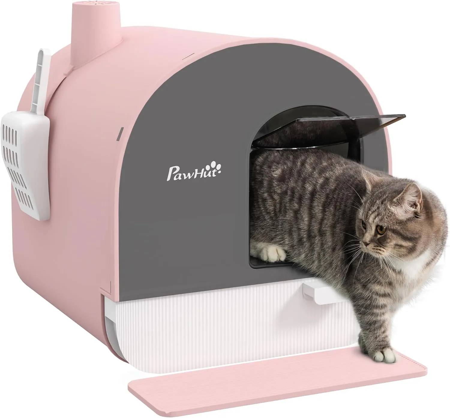 PawHut Cat Litter Box with Lid, Covered Litter Box for Indoor Cats with Tray, Scoop, Filter, 17" x 17" x 18. 5", Pink