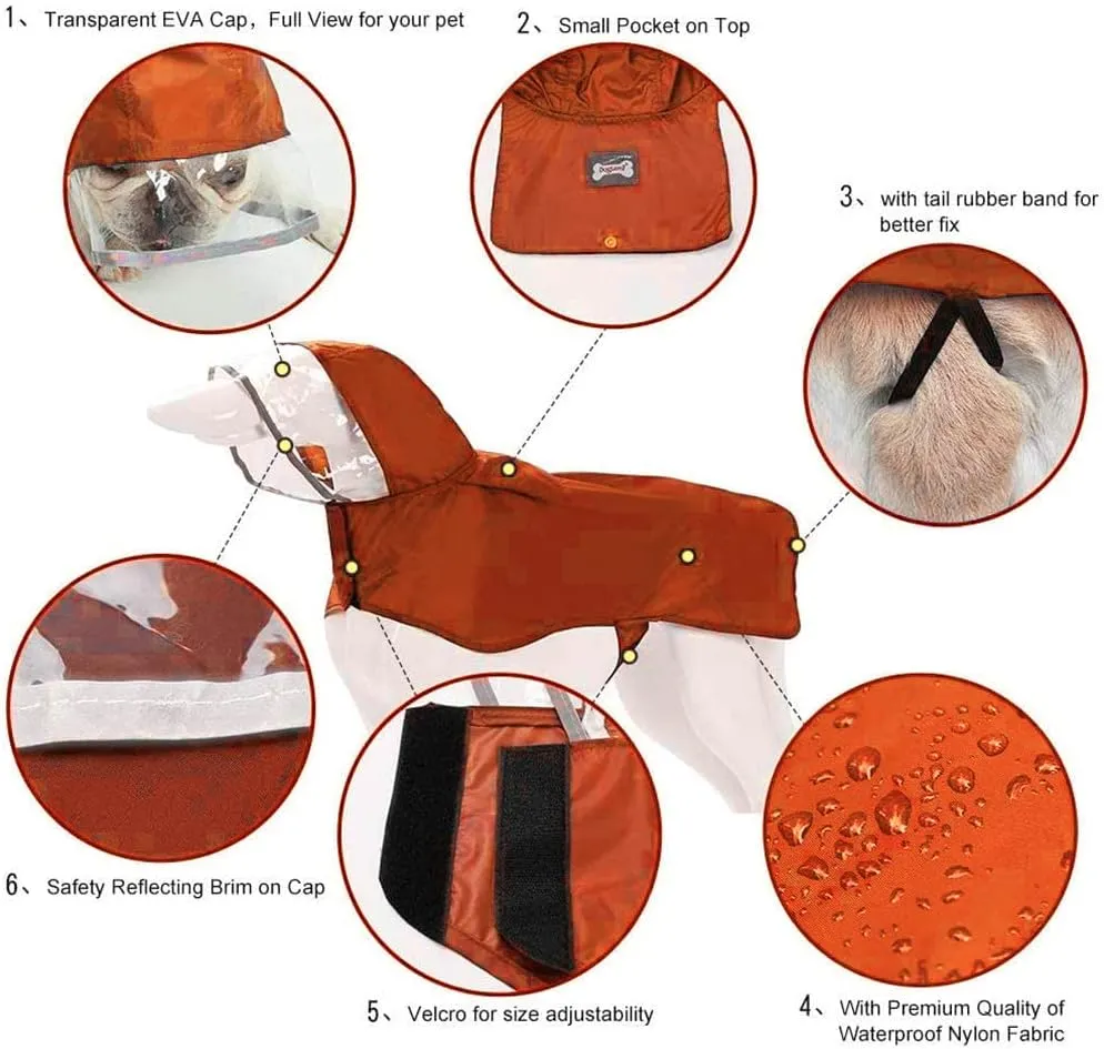Pet Raincoat Packable Hooded Dog Rain Jacket Reflective Strips Lightweight Adjustable Poncho for Small Medium Large Dogs Orange S