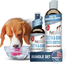 PetSilver - Teeth & Gum Spray (4 fl oz) and Teeth & Gum Water Additive (12 fl oz) with Patented Chelated Silver - Dog Teeth Cleaner & Breath Freshener - Natural Dental Additive for Cats - Made in USA
