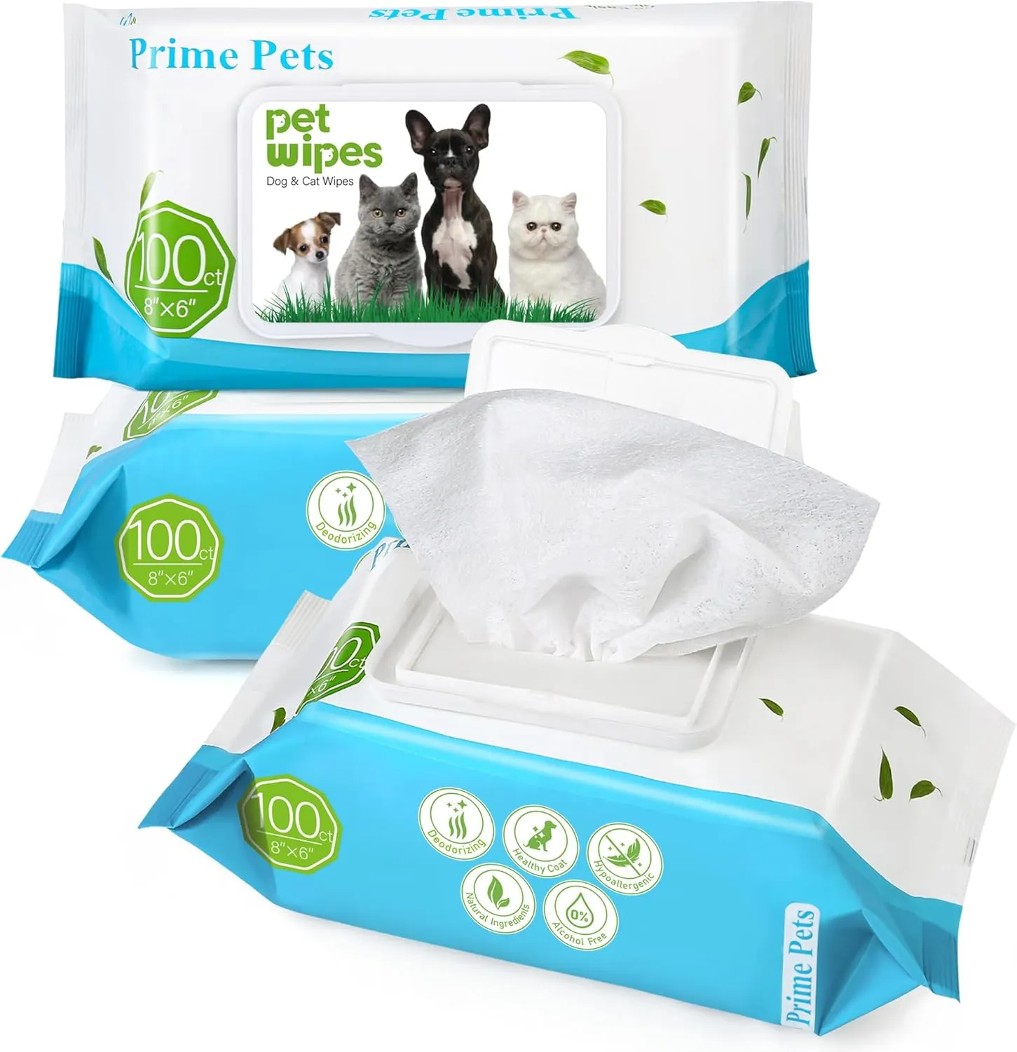 PrimePets Dog Wipes for Paws and Butt, 300 Count, 8" x 6" Pet Grooming Wipes for Dogs Cats Cleaning Deodorizing, Unscented Dog Paw Wipes, Puppy Wipes for Face Bum Eyes Ears Teeth