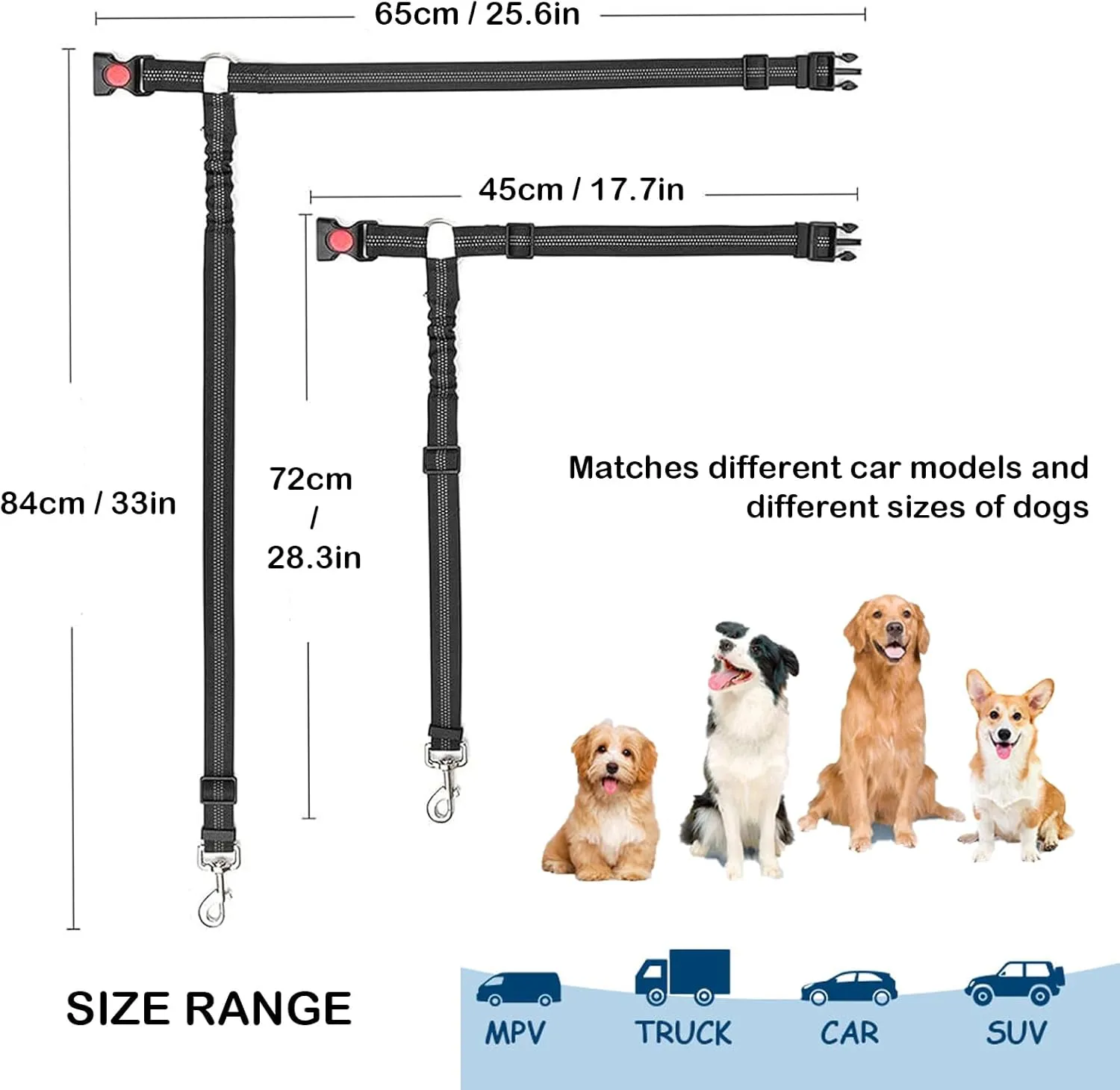 Removable Dog Seat Belt Harness for Car, 3 in 1 Pet Car Seatbelt Leash, Retractable Restraint Secures to Vehicle Headrest & Adjustable Reflective Dog Seatbelt Tether (Red, 1pcs)