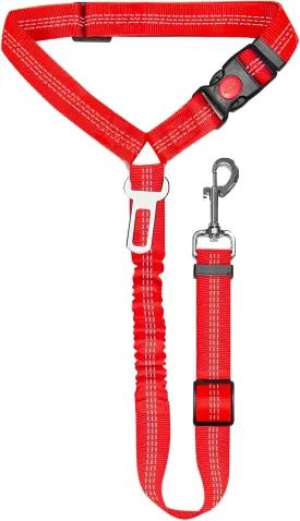 Removable Dog Seat Belt Harness for Car, 3 in 1 Pet Car Seatbelt Leash, Retractable Restraint Secures to Vehicle Headrest & Adjustable Reflective Dog Seatbelt Tether (Red, 1pcs)