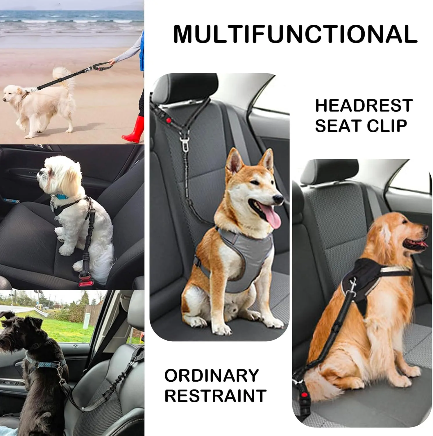 Removable Dog Seat Belt Harness for Car, 3 in 1 Pet Car Seatbelt Leash, Retractable Restraint Secures to Vehicle Headrest & Adjustable Reflective Dog Seatbelt Tether (Red, 1pcs)