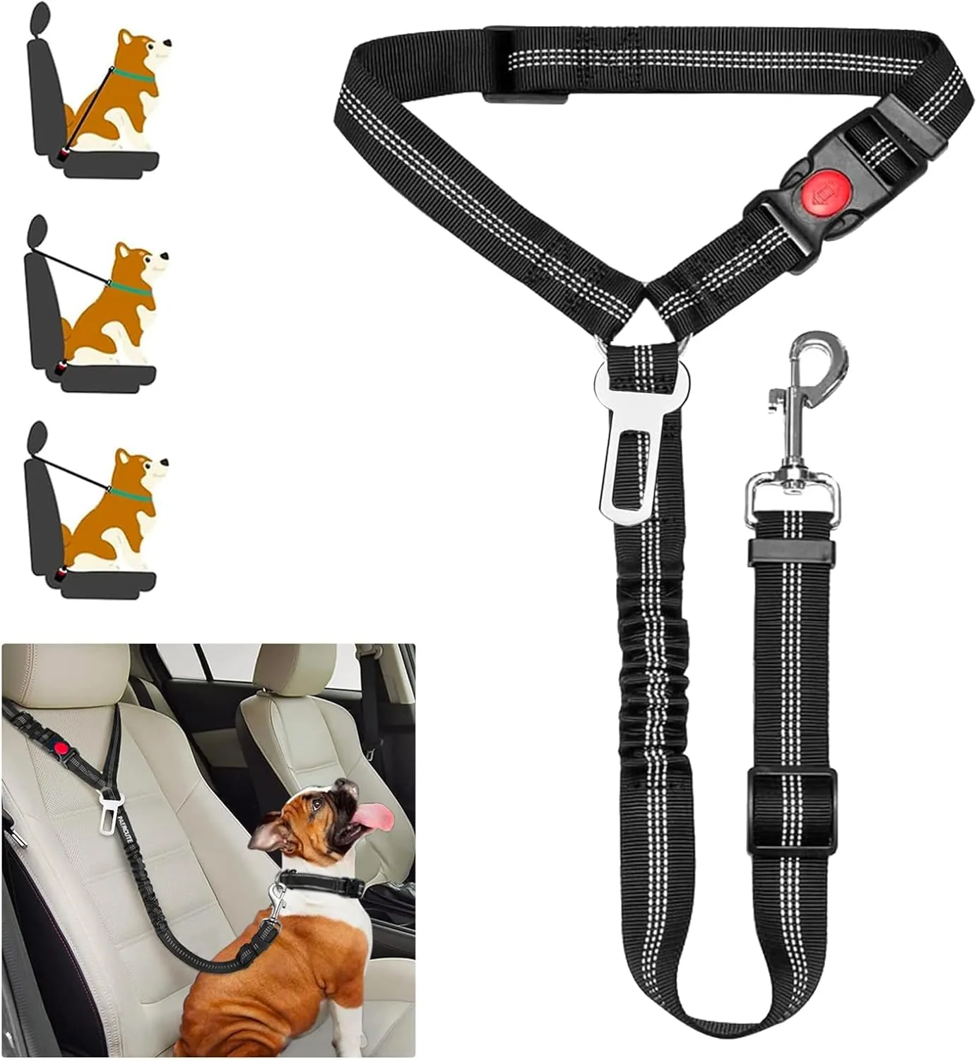 Removable Dog Seat Belt Harness for Car, 3 in 1 Pet Car Seatbelt Leash, Retractable Restraint Secures to Vehicle Headrest & Adjustable Reflective Dog Seatbelt Tether (Red, 1pcs)