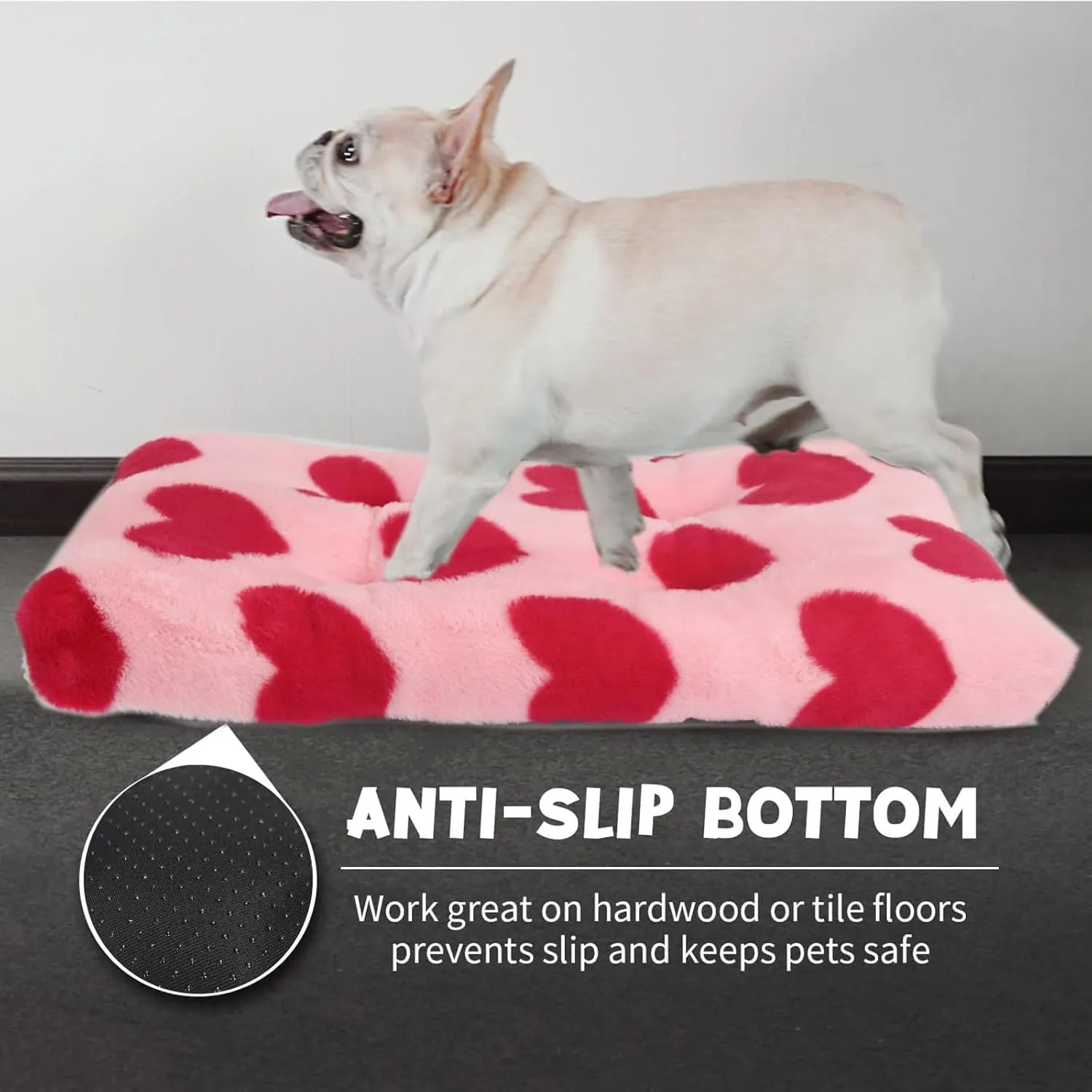 Small Washable Dog Crate Bed Deluxe Plush fit Small Breed Pets,24 inch Dog Kennel Pads with Anti-Slip Bottom Pet Sleeping Mat,24 x 18 Pink Heart