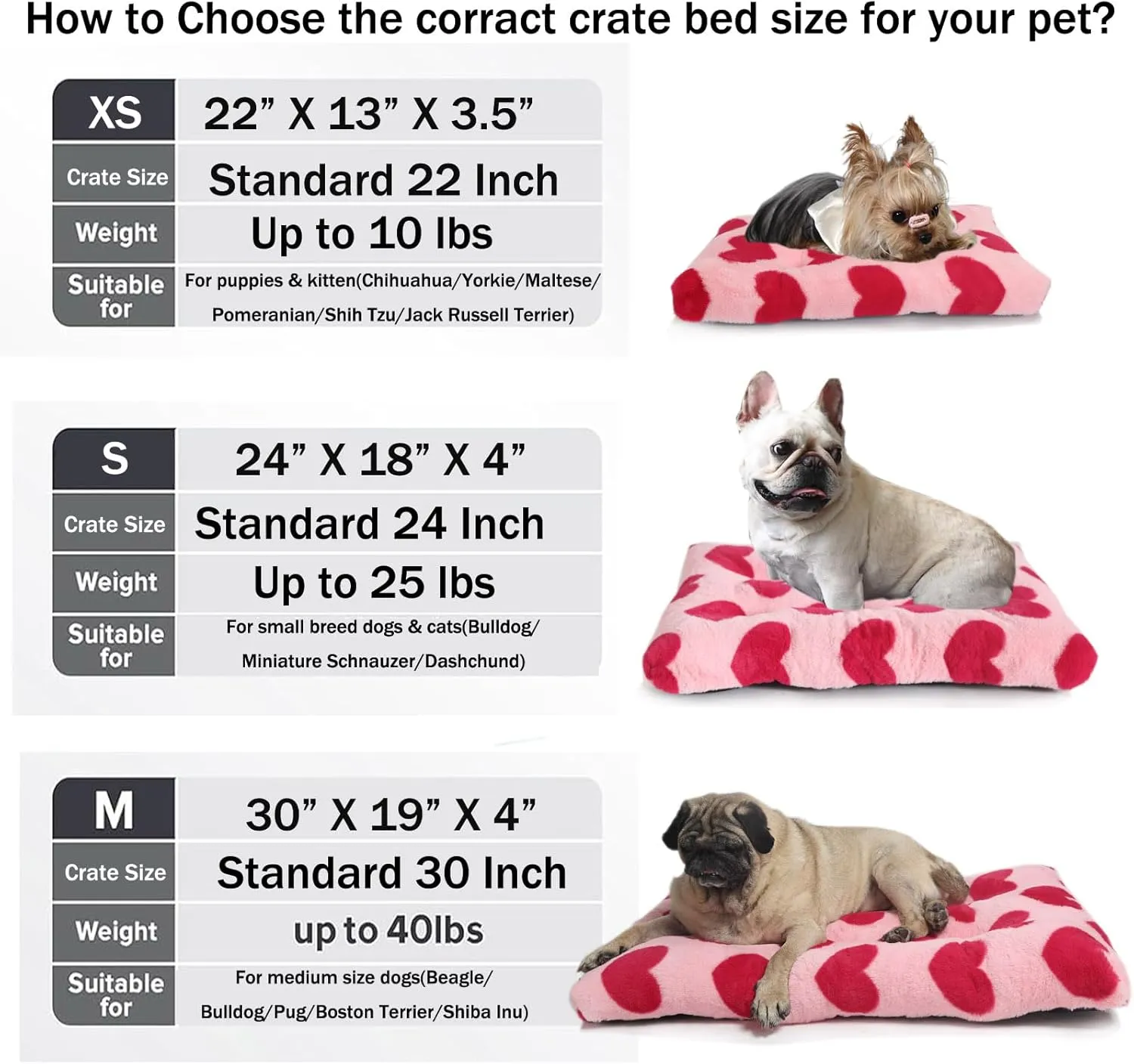 Small Washable Dog Crate Bed Deluxe Plush fit Small Breed Pets,24 inch Dog Kennel Pads with Anti-Slip Bottom Pet Sleeping Mat,24 x 18 Pink Heart