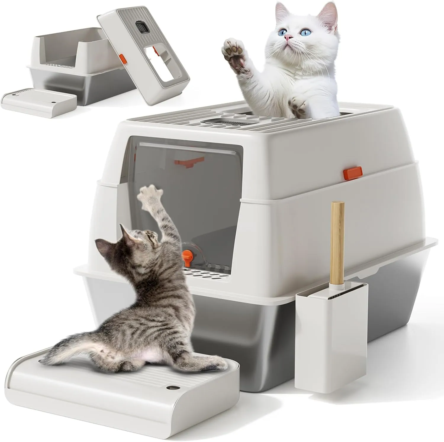 Stainless Steel Cat Litter Box, Dual Entrance XL Large, Covered Metal Kitty Box with Flip Door, Litter Mat & Removable Lid & Scoop Anti-Leakage Design, Grey