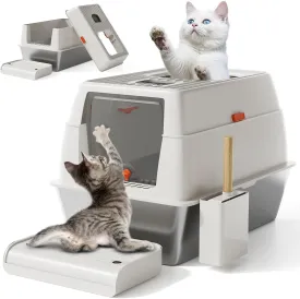 Stainless Steel Cat Litter Box, Dual Entrance XL Large, Covered Metal Kitty Box with Flip Door, Litter Mat & Removable Lid & Scoop Anti-Leakage Design, Grey