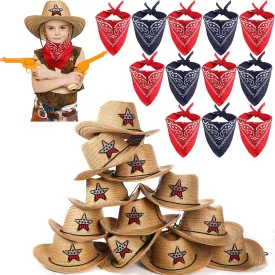 Tarpop 12 Sets Kids Cowboy Western Hat 8 Inches with Bandana Toddler Wide Brim Cowgirl Hat for Dress up Pretend Plays Costume