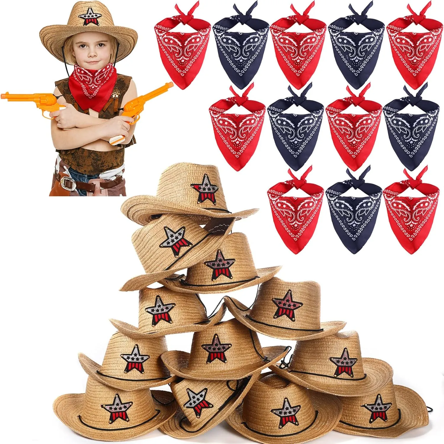 Tarpop 12 Sets Kids Cowboy Western Hat 8 Inches with Bandana Toddler Wide Brim Cowgirl Hat for Dress up Pretend Plays Costume