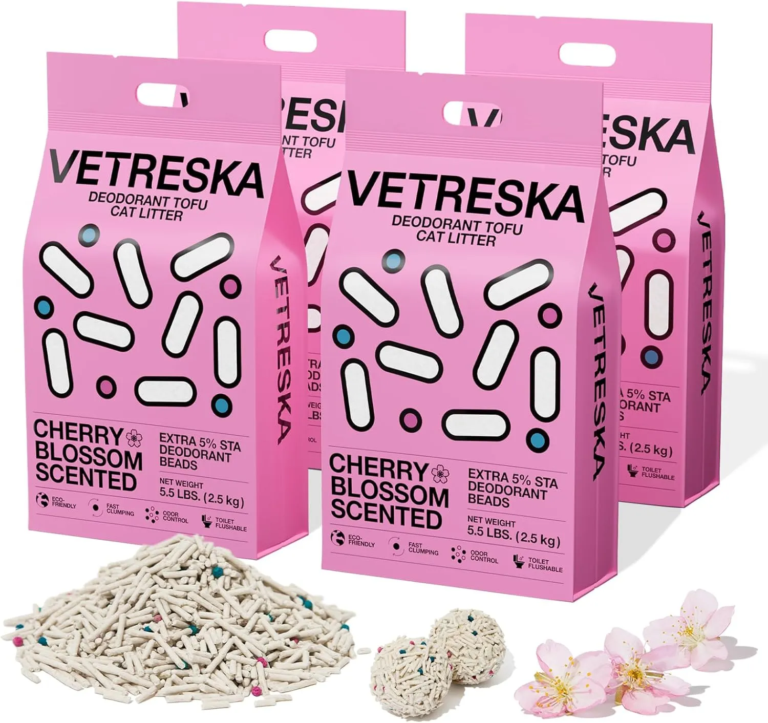 VETRESKA Cherry Blossom Tofu Cat Litter,Natural Pretty Kitty Litter Strong Clumping Flushable Cat Litter Pellets Ultra Absorbent,Dust-Free,Low Tracking,Deodorant Tofu Litter Compostable(5.5lb4bags)