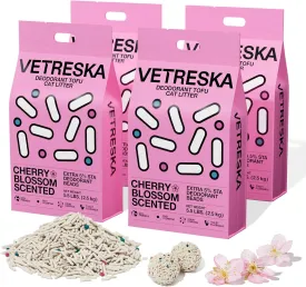 VETRESKA Cherry Blossom Tofu Cat Litter,Natural Pretty Kitty Litter Strong Clumping Flushable Cat Litter Pellets Ultra Absorbent,Dust-Free,Low Tracking,Deodorant Tofu Litter Compostable(5.5lb4bags)