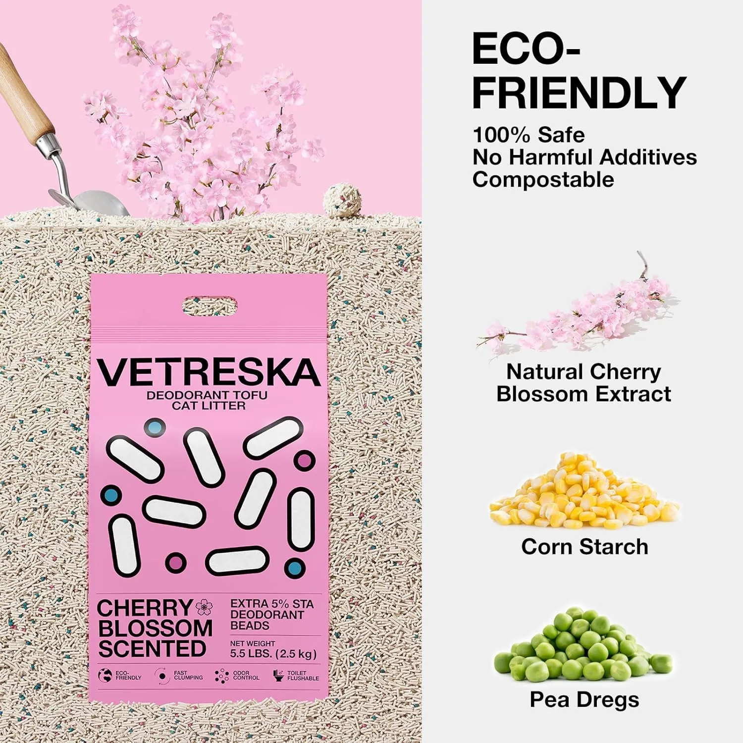 VETRESKA Cherry Blossom Tofu Cat Litter,Natural Pretty Kitty Litter Strong Clumping Flushable Cat Litter Pellets Ultra Absorbent,Dust-Free,Low Tracking,Deodorant Tofu Litter Compostable(5.5lb4bags)