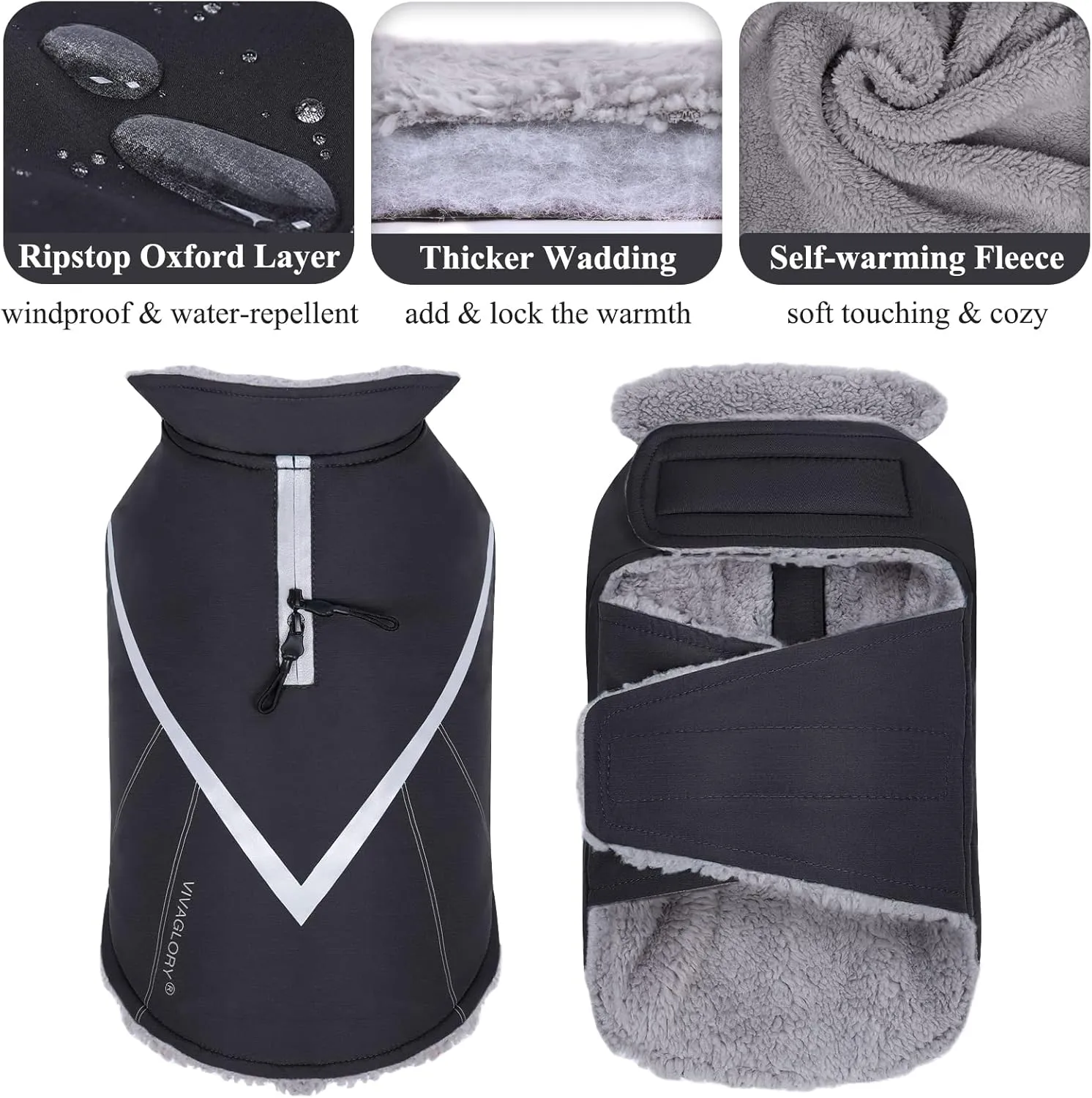 VIVAGLORY Warm Dog Fleece Vest Jacket with Two-Way Zipper Opening, Pet Jacket with Fleece Lining for Small Pets, Black XXS