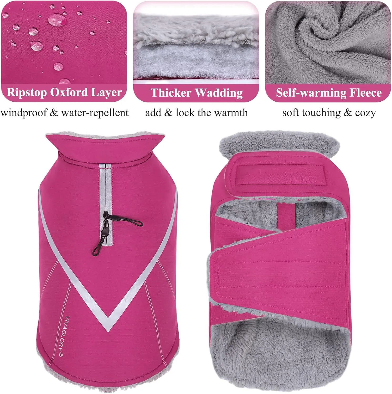 VIVAGLORY Warm Dog Fleece Vest Jacket with Two-Way Zipper Opening, Pet Jacket with Fleece Lining for Small Pets, Fuchsia XXS