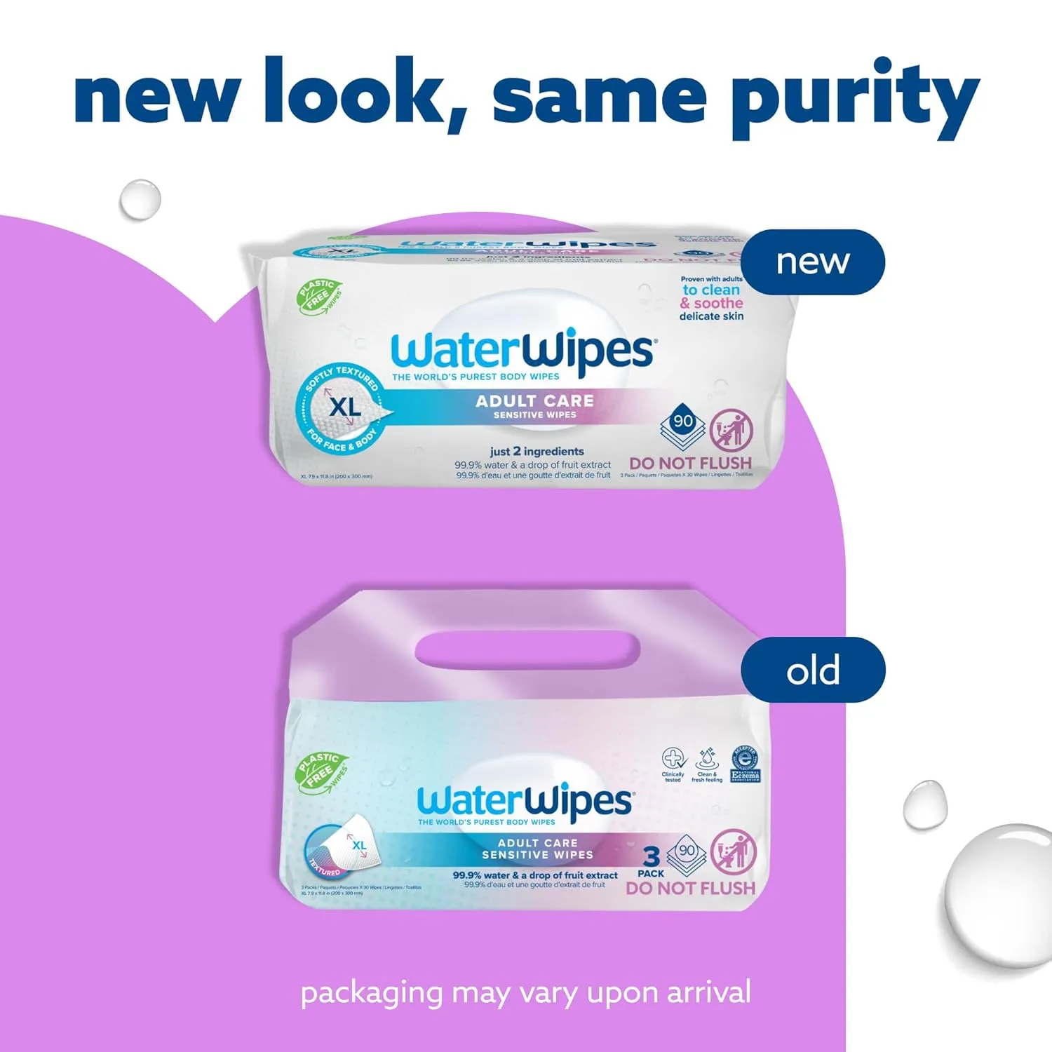WaterWipes Adult Care Sensitive Body & Intimate Hygiene Wipes, 90 Wipes (3 Packs), Extra Large Textured, 99.9% Water-Based, For Everyday Personal Uses
