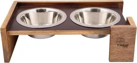 Wooden Elevated Dog Bowl Stand  5 Inches Raised Feeder with 2 Stainless Steel Bowls for Pets  Durable Pet Feeding Station